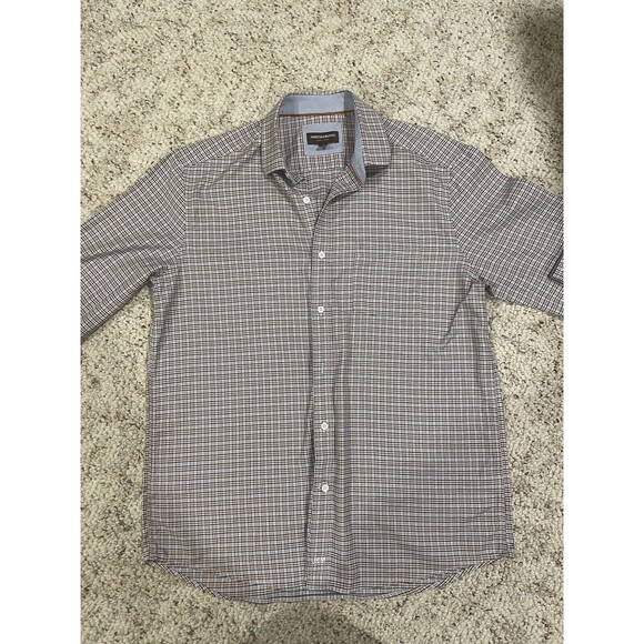 Johnston & Murphy Shirt Mens Medium Blue Brown White Plaid Button Up Cotton L - Picture 1 of 14
